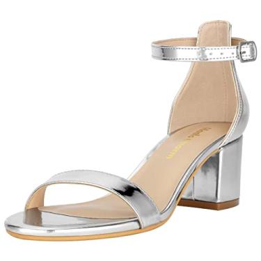 Imagem de Heels Charm Sandálias femininas de salto baixo com tiras grossas de 5 cm, bico aberto, tira no tornozelo, salto alto, sapatos para festa de trabalho diário, Prata - 5 cm, 40