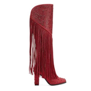 Imagem de Ouepiano Botas femininas caubói com franja e strass, cowgirl ocidental, bico fino, salto alto com zíper, botas de cano alto para meninas, festas, encontros, Vermelho, 38