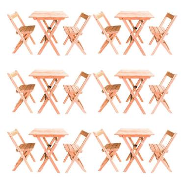 Imagem de Kit 6 Conjuntos Mesa Dobrável Para Bar E Restaurante 60x60cm Com 2 Cadeiras Em Madeira Maciça - Cru