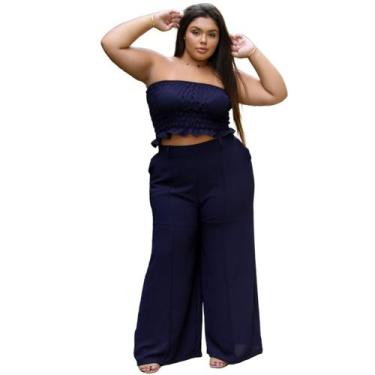 Imagem de Conjunto feminino casual elegante cropped sem alça e pantalona wide le