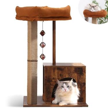Imagem de FUKUMARU Poste arranhador para gatos, árvore de gato de estilo moderno com haste quadrada exclusiva, torre de madeira para gatos com bolas prateadas, arranhador retrô para gatos internos (madeira