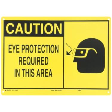Imagem de Brady 26572 35,56 cm largura x 25,4 cm altura B-401 plástico, sinal de alerta preto sobre amarelo, cabeçalho "Cuidado", legenda "proteção ocular necessária nesta área" (com imagem)