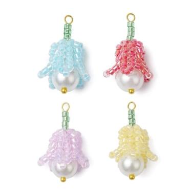 Imagem de Ornazy 20 peças pingentes de flor de lírio do vale pingente floral de semente de vidro colorido pingente de flor de sino para fazer joias, chaveiros, decoração de artesanato, Metal não precioso, Sem