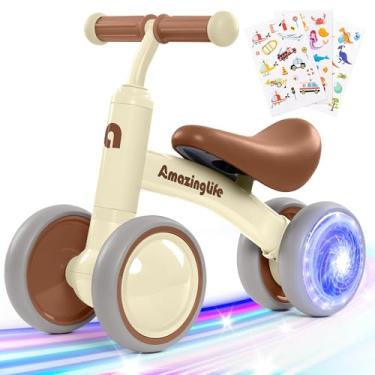 Imagem de AmazingLife Bicicleta de Equilíbrio para Bebês, Iluminação Colorida, 3 Adesivos de Desenho Animado, 4 Rodas Silenciosas sem Pedal, Capacidade de Carga até 25 kg, 6 Polegadas, Bege