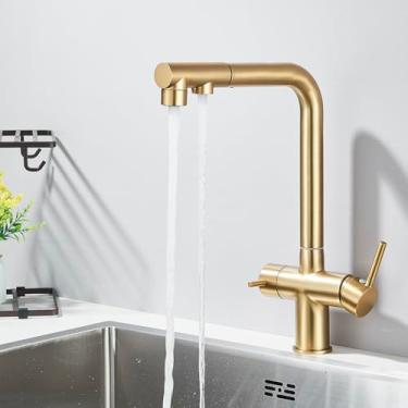 Imagem de Torneira de cozinha de água pura, giratória, com 2 modos de puxador, misturador de água fria e quente, torneira de água filtrada para cozinha, purificação, escova dourada