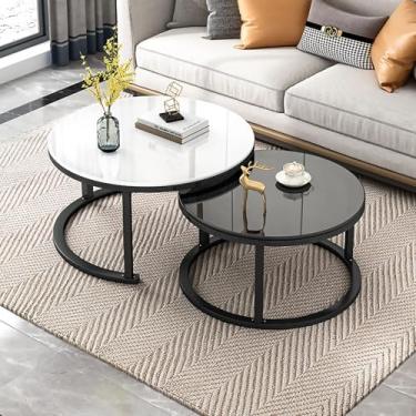 Imagem de Conjunto de mesas de centro redondas de vidro, mesa lateral redonda empilhável moderna para sala de estar com moldura de metal resistente, sofá de alto brilho para quarto, sala de estar, escritório em