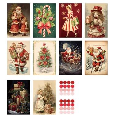 Imagem de nanaxagly 10 cartões postais vintage de Natal com 32 adesivos de pontos vermelhos e rosa, conjunto de cartões postais antigos de elementos de Natal para todas as ocasiões presentes de ano novo