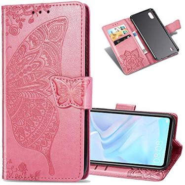 Imagem de LEECOCO Capa para Samsung Galaxy A10 de couro PU premium flip carteira com borboleta em relevo proteção total flip suporte suporte cartão capa magnética para Samsung Galaxy A10 grande borboleta rosa