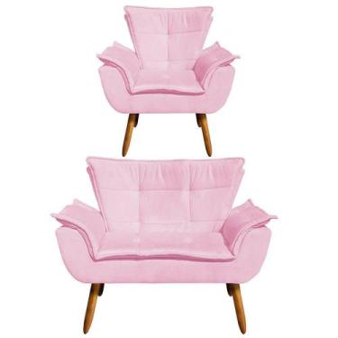 Imagem de Kit 1 Namoradeira e 1 Poltrona Opala Suede Rosa Bebê Drossi - D' ROSSI