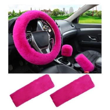 Imagem de Yourkar Conjunto de 5 peças de capas de volante fofas, capa de volante de lã sintética, capa de freio de mão, capa de câmbio de marcha e 2 almofadas de ombro para cinto de segurança, acessórios