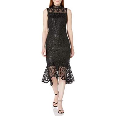 Imagem de Calvin Klein Midi feminino sem mangas de renda com detalhe de ilusão, Preto, 36