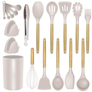 Imagem de Conjunto de utensílios de cozinha de silicone – SZBOB resistente ao calor/antiaderente/não tóxico/livre de BPA, espátula, pegador de batedor, cabo de madeira, conjunto de utensílios de cozinha com suporte (Cáqui)