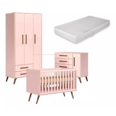 Imagem de Jogo De Quarto Bebê Q Encanto Linha Retrô Rosa Berço Com Colchão - Móveis Leartam
