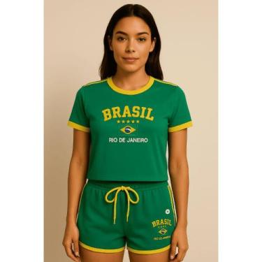 Imagem de Conjunto Do Brasil Bordada Camisa + Short Feminino - NoBrand, Verde, M