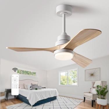 Imagem de FXZZ Ventiladores De Teto De Madeira De 42 Polegadas Com Luzes E Controle Remoto, Reguláveis E Atualizados, Motor Cc Reversível Silencioso, 3 Lâminas, 6 Velocidades, Ventilador De Teto Branco Para