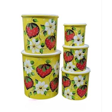 Imagem de Kit Mantimento 5 Peças Decorado A Mãojogo De Mantimento Lata Plástico,Organizador Alimentos(AMARELO MORANGO,5 peças)