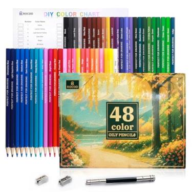 Imagem de ROCOD 48 lápis de cor profissionais para colorir lápis de cor para crianças e adultos, conjunto de lápis de cor para crianças e adultos