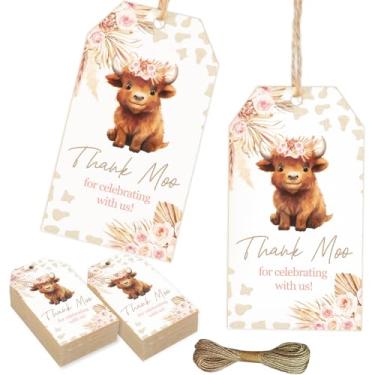 Imagem de Serencatcher 50 etiquetas de agradecimento de vaca Highland, lembrancinhas de festa de vaca Highland rosa incluem etiquetas florais Thank Moo com cordão para chá de bebê de vaca Highland para meninas