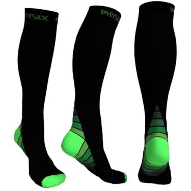 Imagem de Meias de compressão esportivas Physix Gear para homens e mulheres 20-30 mmHg – Ajuste atlético, Black/Green, Small-Medium