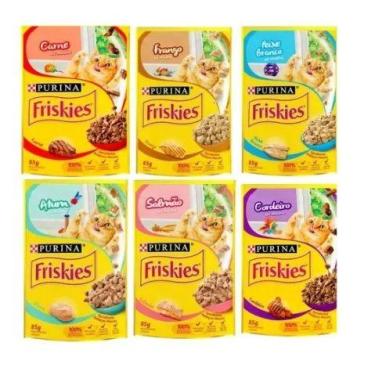 Imagem de Saches friskies sabores variados carne, peixe branco, peru, salmao, fr