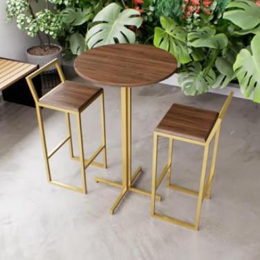 Imagem de Jogo Mesa Alta Bistrô Redonda Imbuia 2 Banquetas Imbuia Confort Industrial Dourado