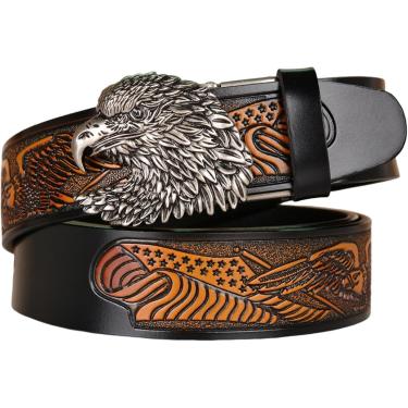 Imagem de Cinto De Couro De Catraca Masculino Em Relevo Com Escultura 3d Prateada Eagle Fivela Automática Feita à Mão Cinta De Cintura Preta 35mm De Largura, Eagle-a, 130cm/51"