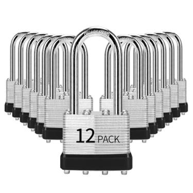 Imagem de HZSY Cadeados com chave igual, pacote com 12, fechadura com chave de aço laminado (1-9/16 polegadas, 40 mm), cadeados com a mesma chave, manilha longa, para caixa de ferramentas, armário e unidade de