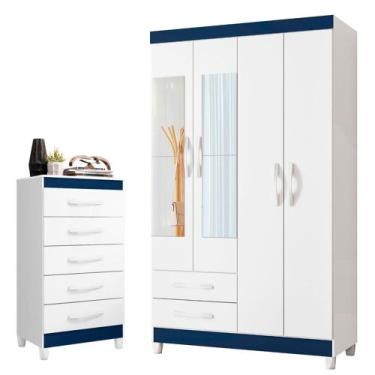 Imagem de Quarto Solteiro Completo Guarda Roupa Âmbar 4 portas com Espelho Cômod