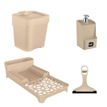 Imagem de Kit Pia Escorredor Dispenser Detergente Lixeira Rodinho 4pçs - Uz, Beg