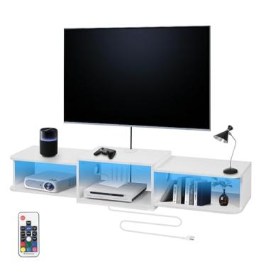 Imagem de Qupui Suporte de TV flutuante montado na parede de 118 cm com iluminação LED, prateleira moderna de console de mídia de madeira com portas USB e tomadas elétricas embutidas. Armazenamento sob a TV