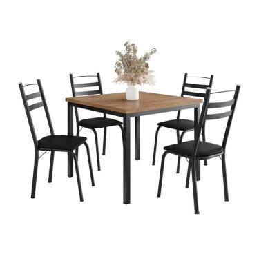 Imagem de Conjunto de Mesa Quadrada com Tampo de MDP Amadeirado e 4 Cadeiras Adriana Revestimento Sintético Preto
