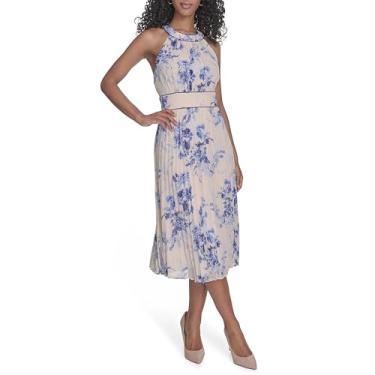 Imagem de Calvin Klein Vestido floral feminino de chiffon plissado sem mangas, Ultramarino Multi, 50