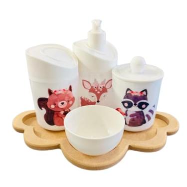 Imagem de Kit Higiene Bebê Floresta Encantada II Menina c/bandeja em MDF (Nuvem Crua/Branca)