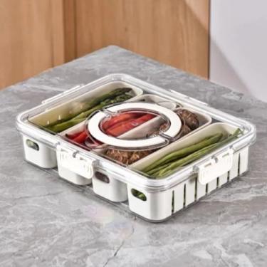 Imagem de Bandeja Pote Cesto Organizador com Tampa Transparente, Empilhável com 4 Divisórias Internas Multiuso - Caixa Organizadora Ideal para Geladeira, Alimentos, Frutas, Legumes, Lanches
