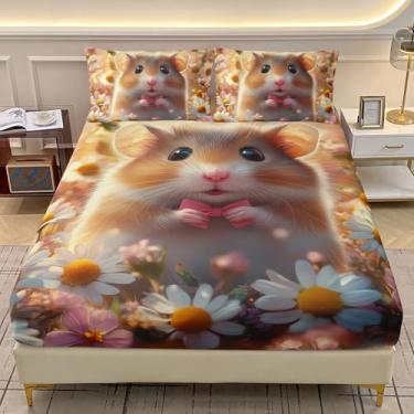 Imagem de AILONEN Jogo de lençol solteiro com estampa de hamster fofo, estampa de hamster de flor, para decoração de quarto, 3 peças, 1 lençol com elástico e 2 fronhas