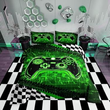 Imagem de Conjunto de edredom solteiro para meninos, preto e branco, com bandeira de competição, para crianças, adolescentes, adolescentes, luz neon verde, controle de videogame, 1 fronha