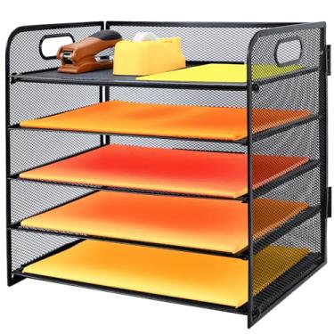 Imagem de PLSOPPKG Bandeja de papel para cartas de 5 camadas com alça, organizador de arquivos de mesa de malha de metal com bandejas, bandejas de arquivo de papel A4, suporte de documentos de revista para