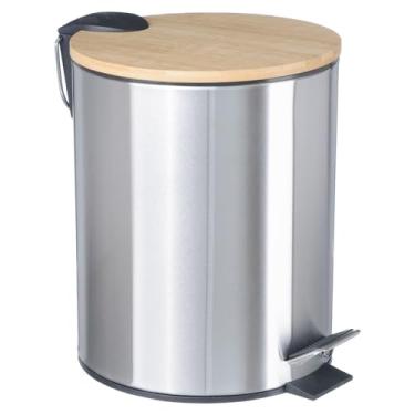Imagem de Lixeira Bambu Prateada Banheiro Cesto 5 Litros Com Pedal