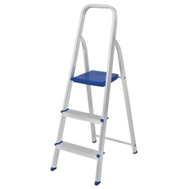 Imagem de Escada de Alumínio, 3 Degraus, Uso Doméstico, Leve e Durável, Azul e Branco