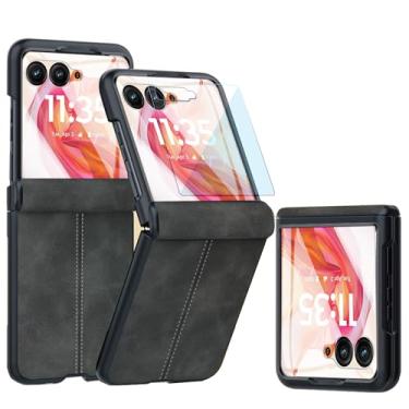 Imagem de Capa de couro para Motorola Razr 50 Ultra com proteção de dobradiça e protetor de tela externo integrado, capa de couro PU fosco à prova de choque antiarranhões para Motorola Razr+ 2024 (preto)