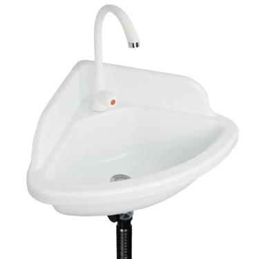 Imagem de Pia de banheiro pequena, montagem na parede, pias de canto de banheiro, lavatório triangular, instalação sem perfuração, autoadesivo 42 x 44 cm com orifício para torneira, pia de plástico mini para