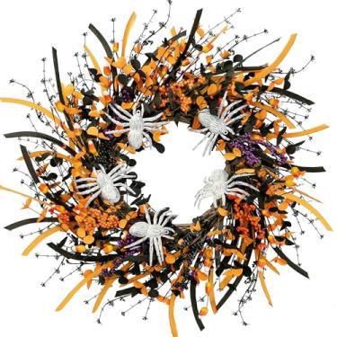 Imagem de Sggvecsy Guirlanda de Halloween de 58,4 cm com aranha artificial feita à mão com folhas pretas laranjas, laranjas, frutas vermelhas, dentes, decoração de porta de frente para ambientes externos, casa