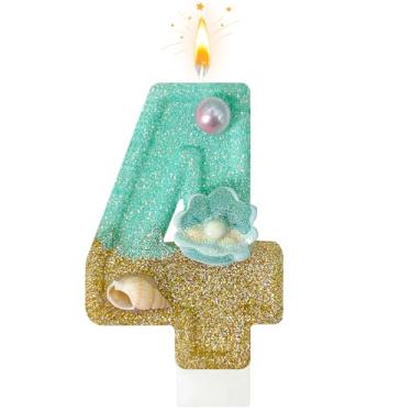 Imagem de Velas de aniversário, azul praia número 4 velas decoradas com conchas e pérolas para topo de bolo, adequado para decorações de bolo de sereia, decoração de aniversário com tema oceano (4 velas)