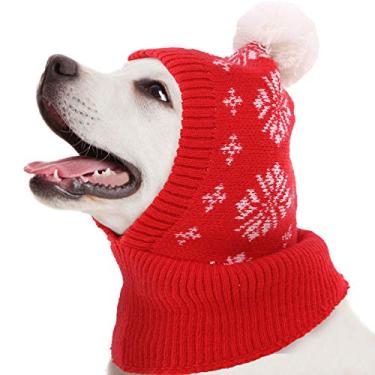 Imagem de IDOMIK Chapéu de Natal para cães e gatos pequenos e médios chapéu quente de tricô para cães de inverno fofo aquecedor de orelha/protetor engraçado gorro de pelúcia com pompon aconchegante vermelho