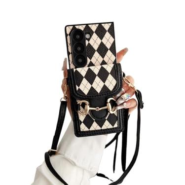 Imagem de SKPY Capa de couro compatível com Samsung Galaxy Z Fold 7 com carteira com porta-cartões, design vintage, alça de ombro ajustável, capa protetora para Z Fold 7 para mulheres, preta