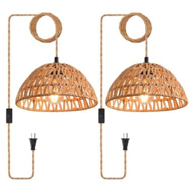 Imagem de CAFULAM Luz pendente de plugue, luz de suspensão industrial com cabo de plugue corda de cânhamo interruptor liga/desliga lâmpada pendente de casa de fazenda com cabo de plugue, lâmpadas penduradas