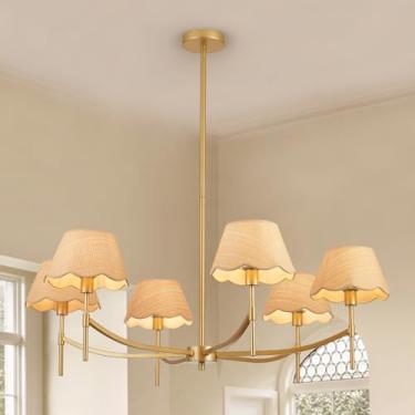 Imagem de Haolaike Lustre Boho de 99 cm, 6 luzes, ajustável, grande, tecido à mão, em vime, rústico, dourado, pendente, luminária para casa de fazenda, luminária suspensa para sala de jantar e cozinha