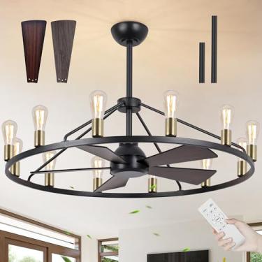 Imagem de OSGNER Ventilador De Teto De 44'' Com Lustre De Roda De Carroça, Luminária Grande De Fazenda Com Cúpula De Vidro, Lustre Para Sala De Jantar E Sala De Estar, Tetos Altos Ajustáveis, Madeira, Preto