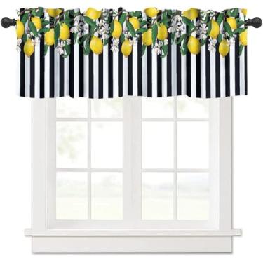 Imagem de Cortina de cozinha Farmhouse Lemon Fruit Valance Nature Aesthetic Black White Stripe Flowers Plant Blackout Rod Pocket Tratamento de janela para quarto, sala de estar, café, restaurante, cortinas 137