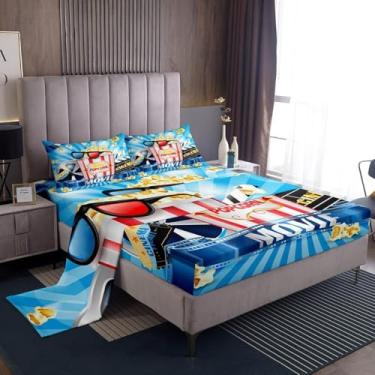 Imagem de Jogo de cama casal com tema de filme, estampa de filme 3D, pipoca, decoração de quarto de meninas, meninos, adultos, pôster de cinema da moda antiga, azul, brilhante, 4 peças (elástico + plano + 2